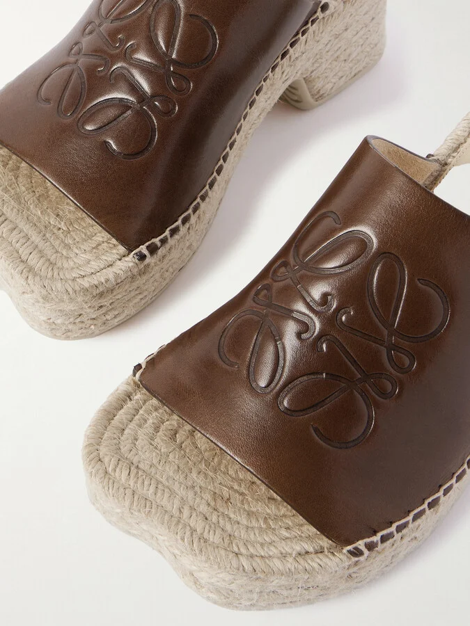 LOEWE - + Paula's Ibiza Leather Platform Wedge Sandals - Brown - Image 4