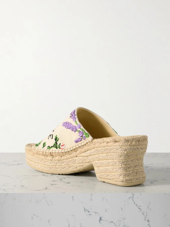 LOEWE - + Paula's Ibiza Petal Embroidered Canvas Platform Espadrille Mules - Cream - Image 3
