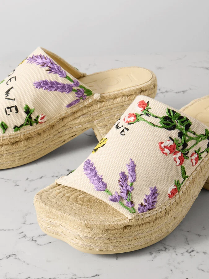 LOEWE - + Paula's Ibiza Petal Embroidered Canvas Platform Espadrille Mules - Cream - Image 4