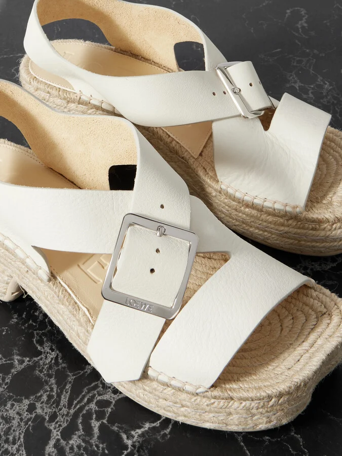 LOEWE - + Paula's Ibiza Petal Leather And Raffia Espadrille Platform Sandals - White - Image 4