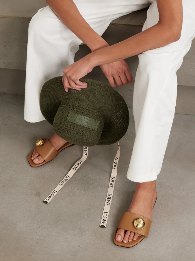 LOEWE - Pebble Embellished Leather Slides - Brown - Image 2