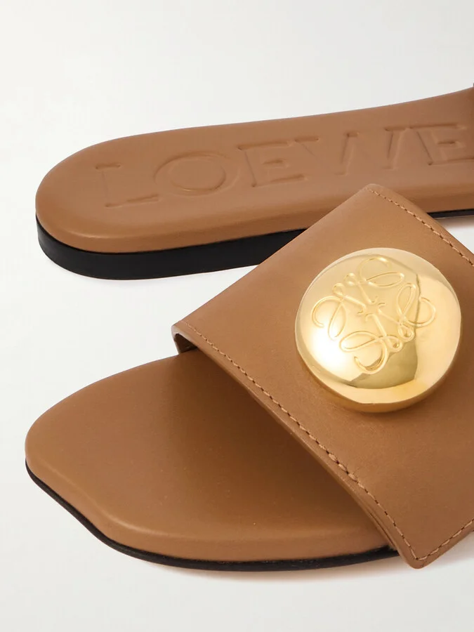 LOEWE - Pebble Embellished Leather Slides - Brown - Image 4