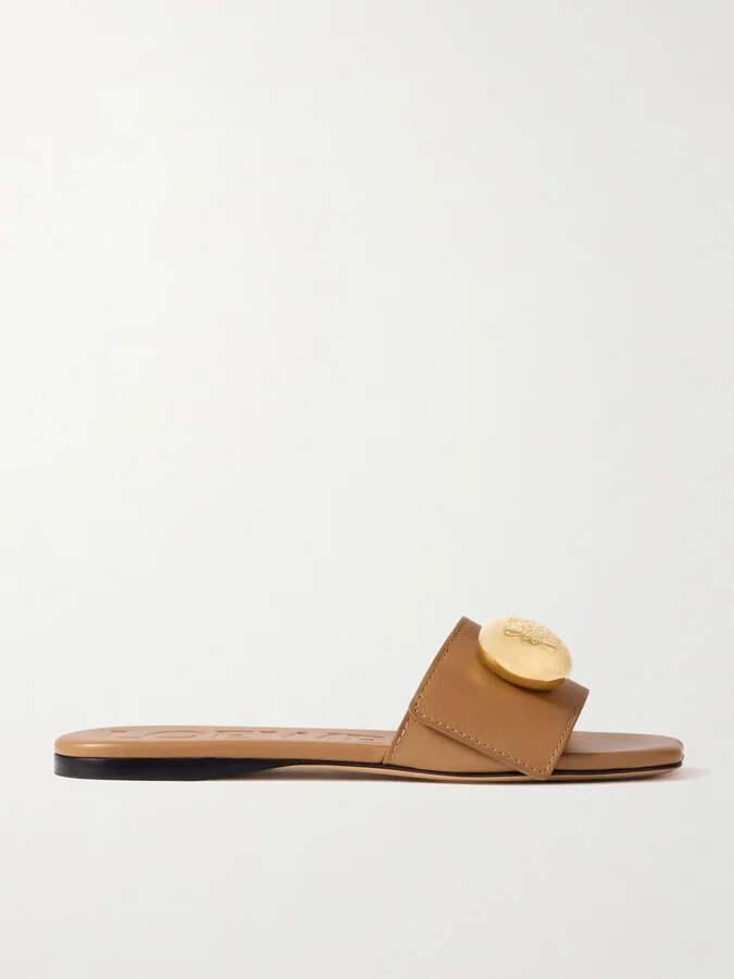 LOEWE - Pebble Embellished Leather Slides - Brown