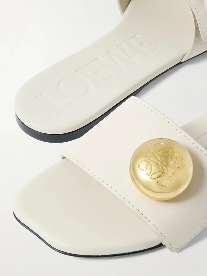 LOEWE - Pebble Embellished Leather Slides - Cream - Image 4
