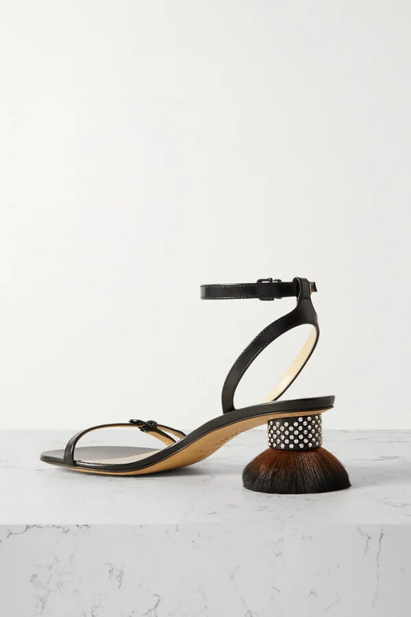 LOEWE - Petal Brush Crystal-embellished Leather Sandals - Black - Image 3