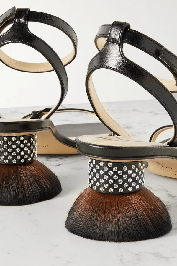 LOEWE - Petal Brush Crystal-embellished Leather Sandals - Black - Image 4