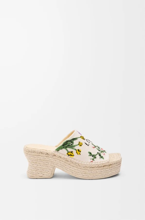 LOEWE - Petal Espadrille Platform Slide In Embroidered Canvas Size: 36 For Woman