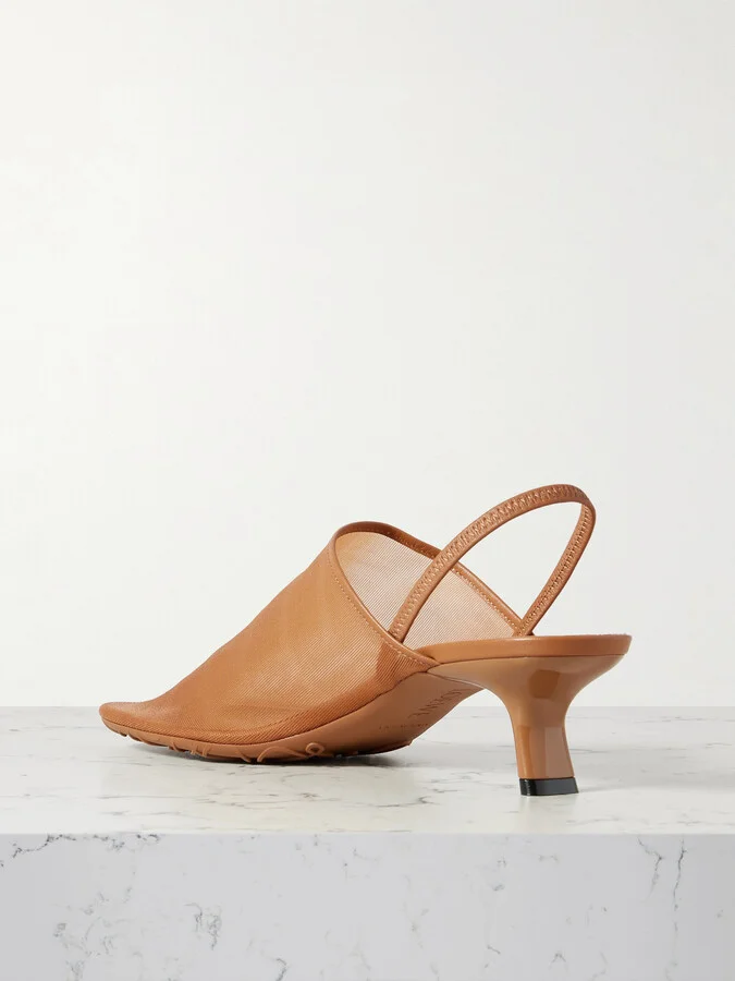 LOEWE - Petal Leather-trimmed Mesh Slingback Sandals - Brown - Image 3