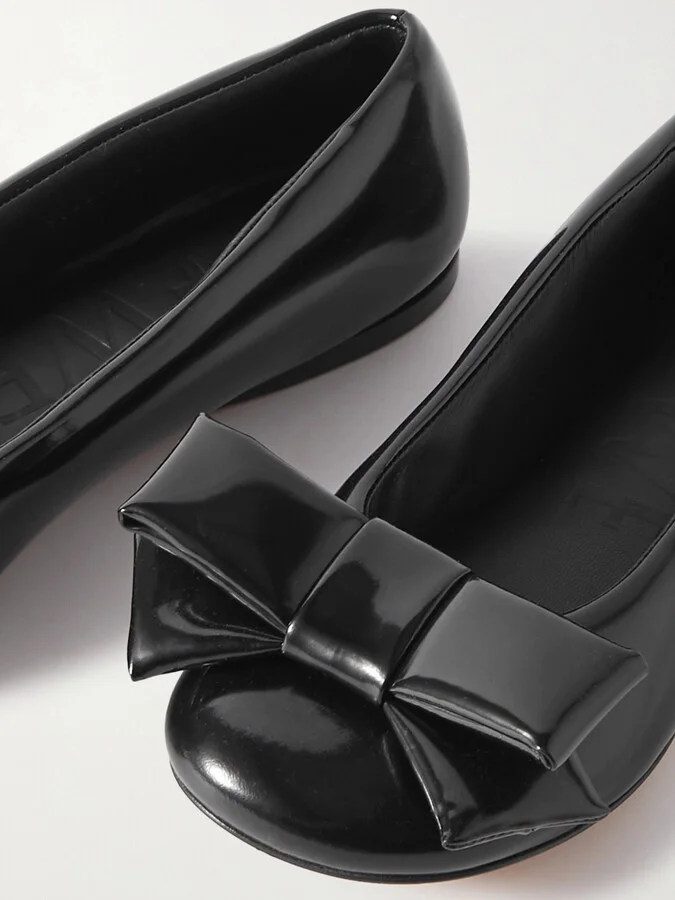 LOEWE - Puffy Bow-detailed Glossed-leather Ballet Flats - Black - Image 4