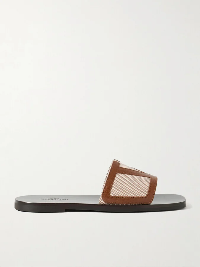 Logo-Appliquéd Leather-Trimmed Checked Canvas Slides