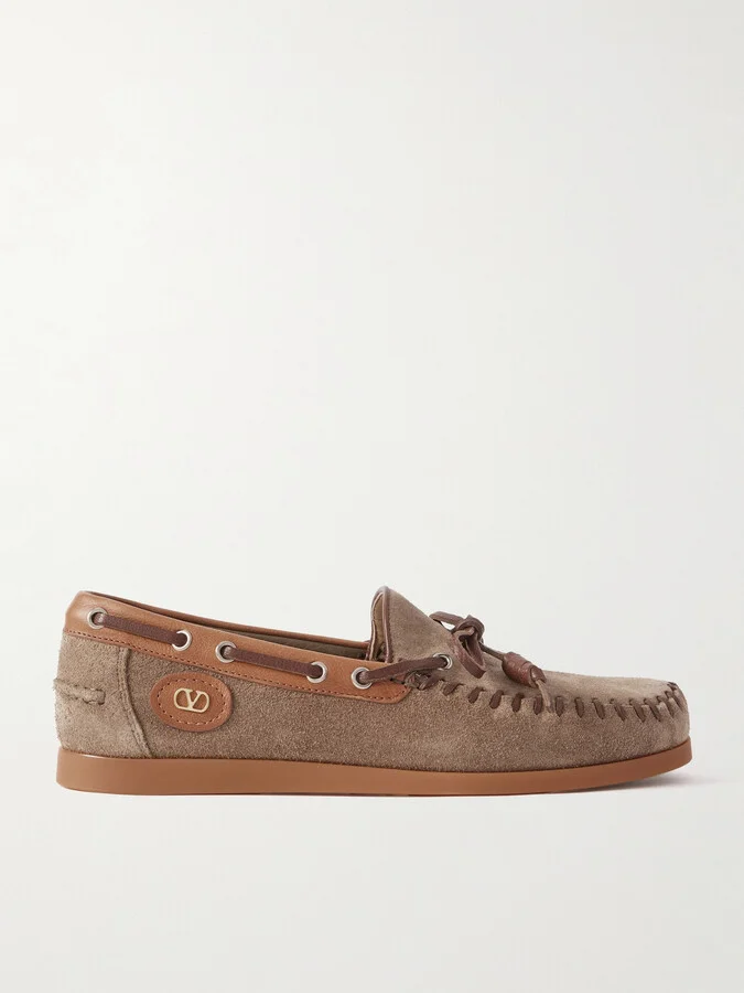 Logo-Embellished Leather-Trimmed Suede Boat Shoes