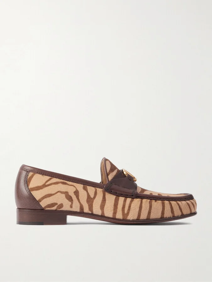 Logo-Embellished Leather-Trimmed Tiger-Print Calf Hair Loafers