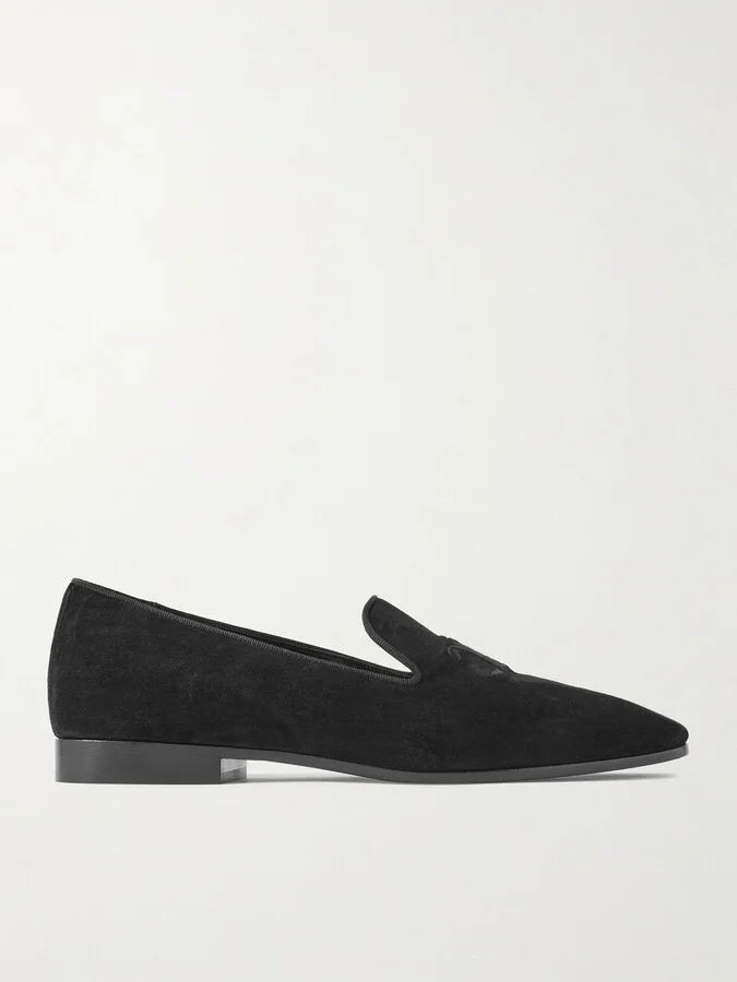 Logo-Embroidered Grosgrain-Trimmed Suede Loafers