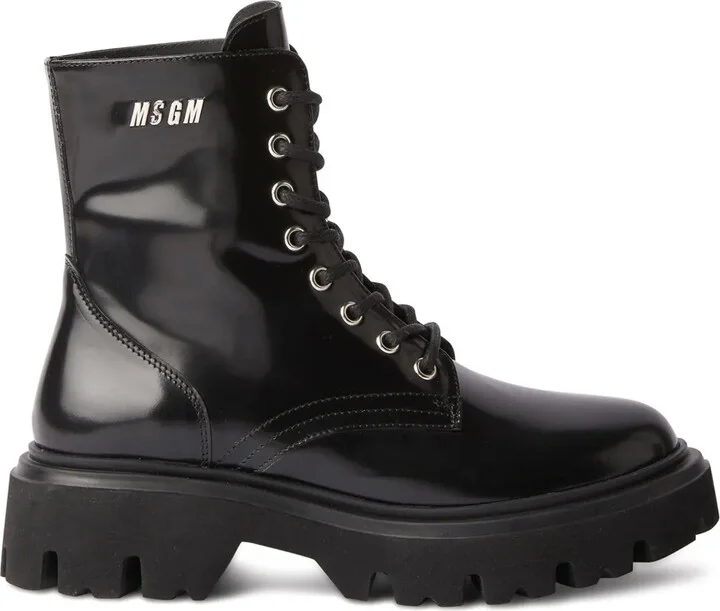 Logo-Lettering Leather Combat Boots