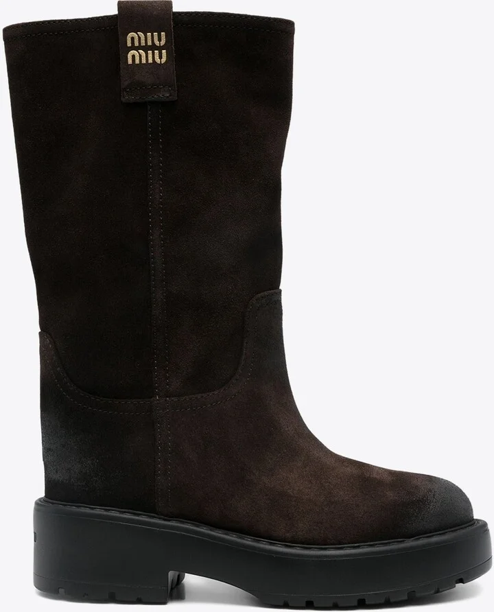 Logo Lettering Mid-Calf Suede Boots