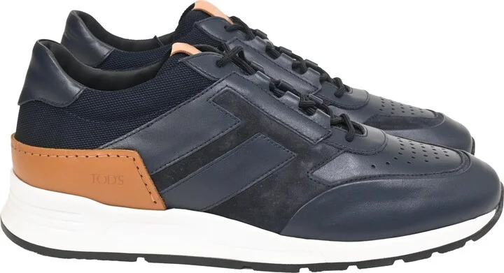 Logo Low-Top Sneakers in Navy Blue Leather and Suede
