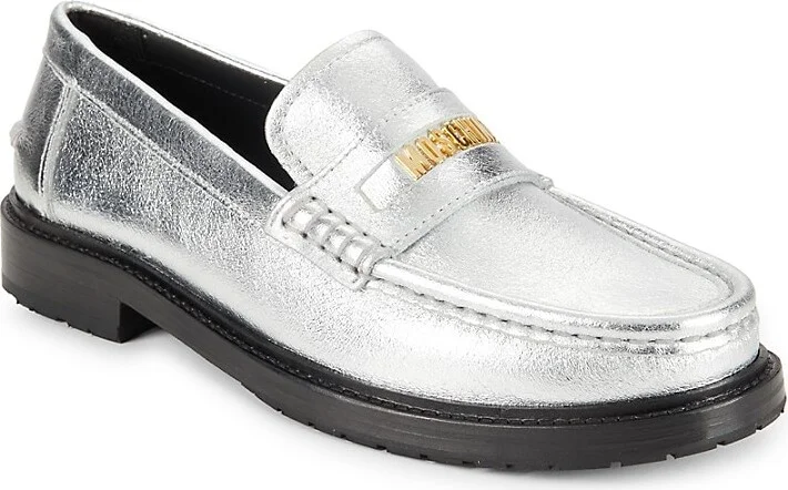 Logo Metallic Leather Loafers - Image 2