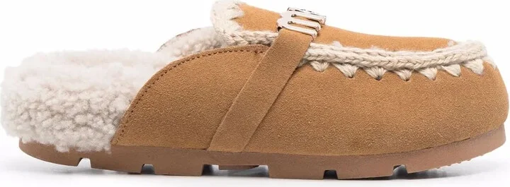 Logo-Plaque Shearling Mules