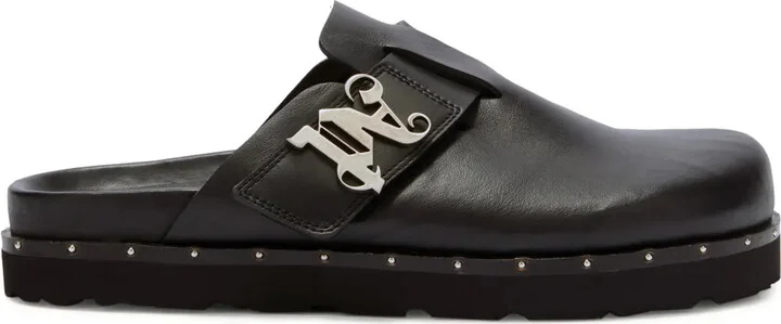Logo-Plaque Studded Leather Mules