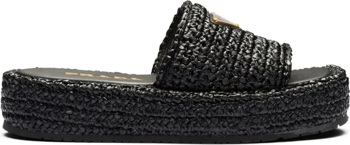 Logo-Plaque Woven-Raffia Sandals