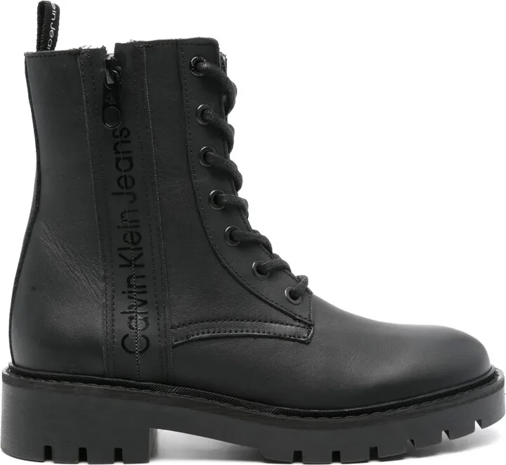 Logo-Print Leather Combat Boots