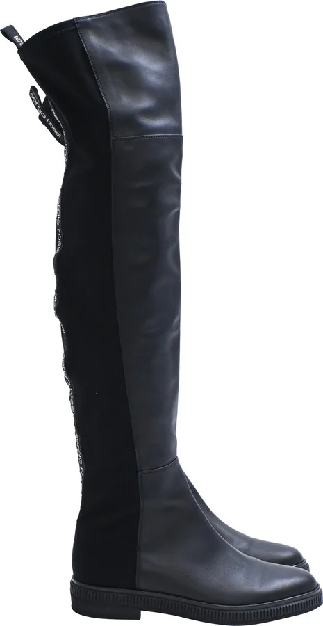 Logo Strip Knee-High Boots in Black Leather