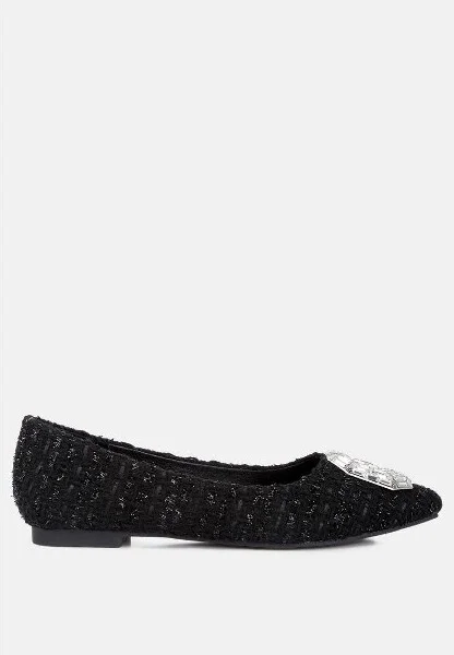 London Rag Women's Aria Embellished Jewel Buckle Tweed Ballet Flats Women