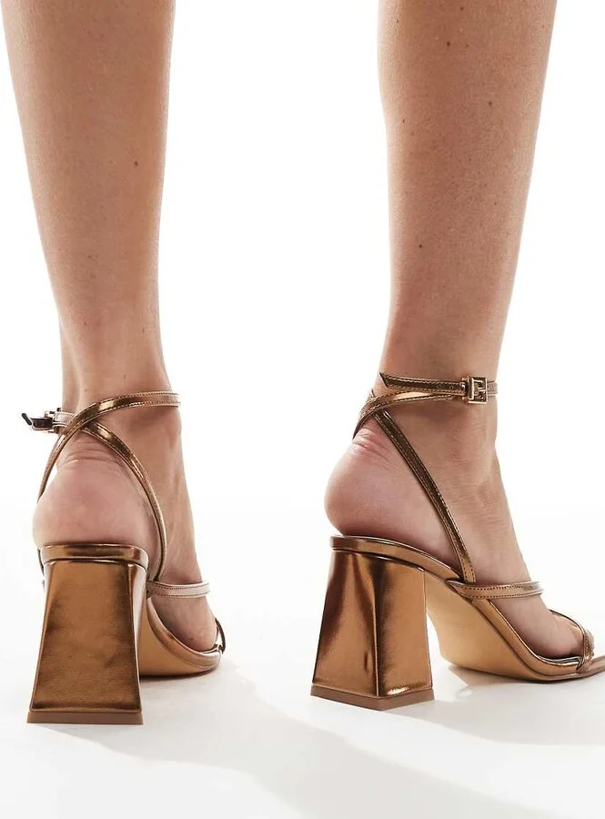 London Rebel Aria strappy mid block heel sandals in bronze - Image 2