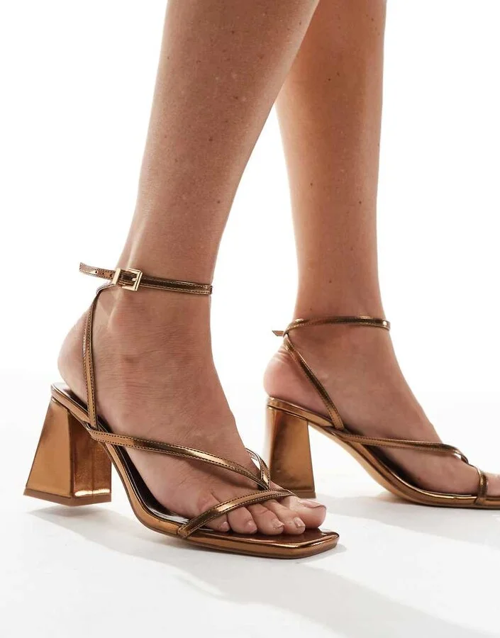 London Rebel Aria strappy mid block heel sandals in bronze - Image 4
