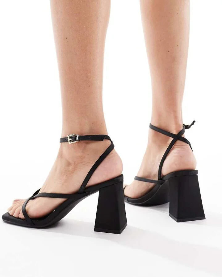 London Rebel Aria strappy mid block heeled sandals in black satin - Image 4