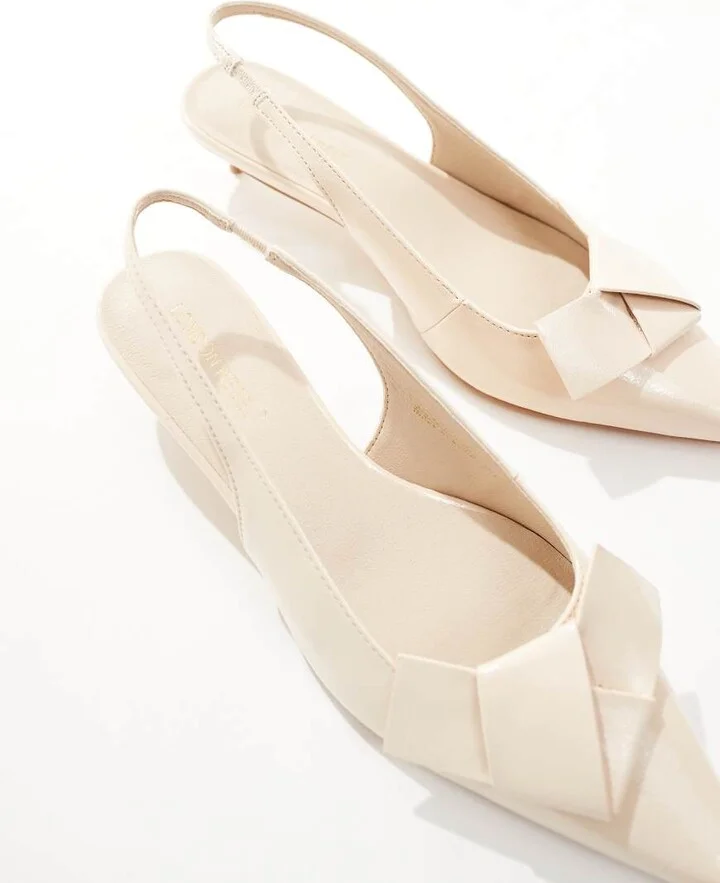 London Rebel bow detail sling back kitten heels in cream patent - Image 2