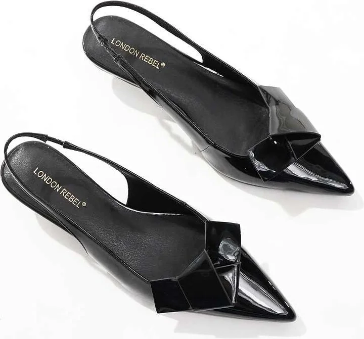 London Rebel bow detail slingback kitten heels in patent black