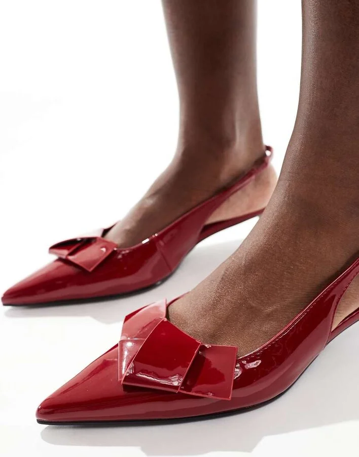 London Rebel bow detail slingback kitten heels in red patent - Image 3