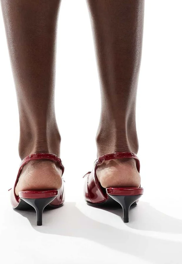 London Rebel bow detail slingback kitten heels in red patent - Image 4