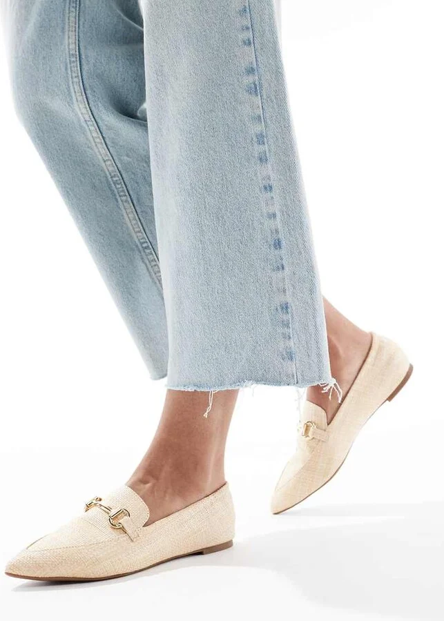 London Rebel buckle detail pointed toe loafer in raffia natural