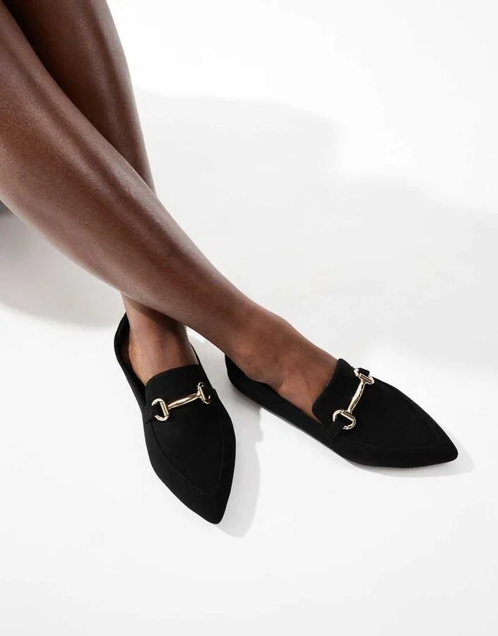 London Rebel buckle detail pointed toe loafers in black