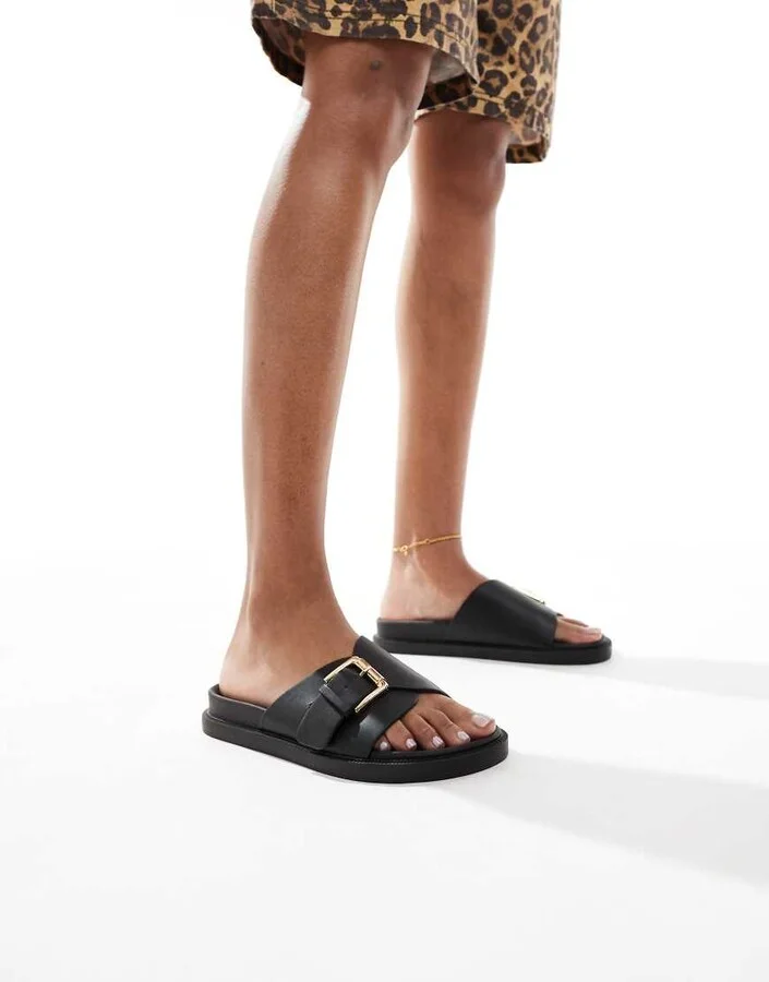London Rebel buckle detail sandals in black - Image 2