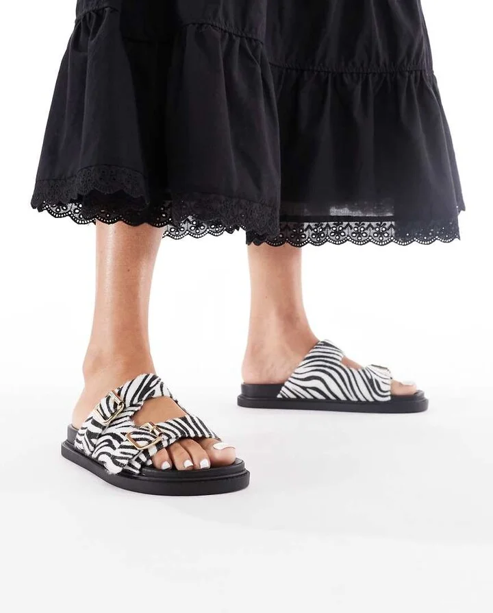 London Rebel buckle detail sandals in zebra print
