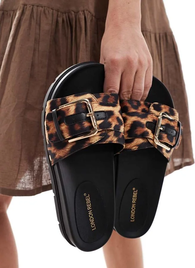 London Rebel buckle detail studded sandals in leopard - Image 2