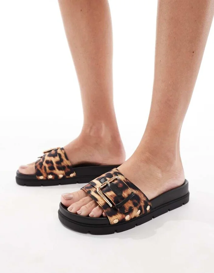 London Rebel buckle detail studded sandals in leopard - Image 3
