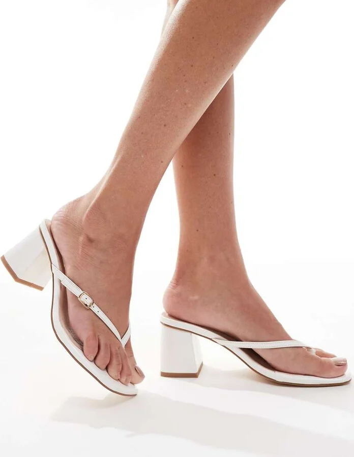 London Rebel buckle detail thong heeled sandals in white