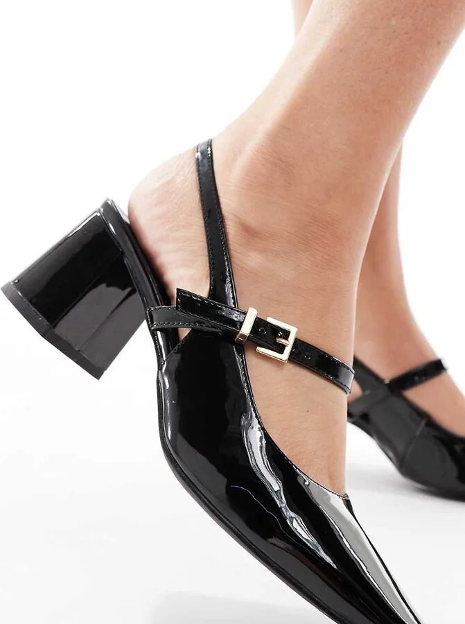 London Rebel Camila buckle detail sling back mid heeled sandals in black - Image 3
