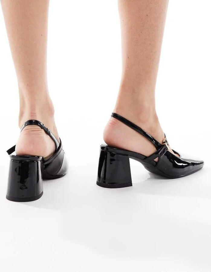 London Rebel Camila buckle detail sling back mid heeled sandals in black - Image 4
