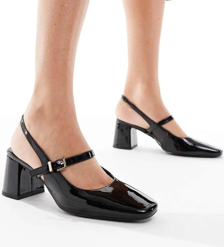 London Rebel Camila buckle detail sling back mid heeled sandals in black