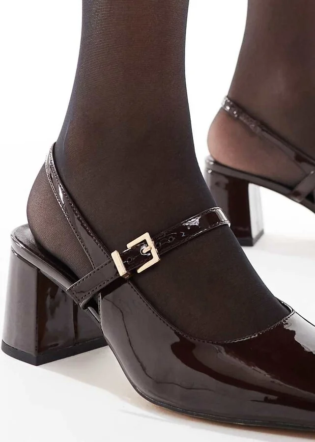 London Rebel Camila buckle detail sling back mid heeled sandals in dark brown - Image 3