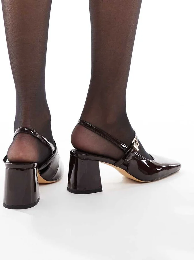 London Rebel Camila buckle detail sling back mid heeled sandals in dark brown - Image 4