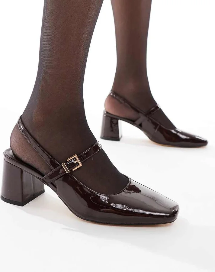 London Rebel Camila buckle detail sling back mid heeled sandals in dark brown