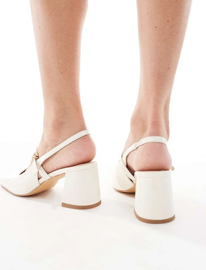 London Rebel Camila buckle detail slingback mid heeled sandals in cream - Image 3