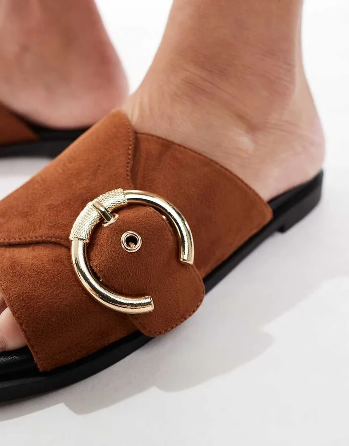 London Rebel cross buckle flat sandal in brown micro - Image 2