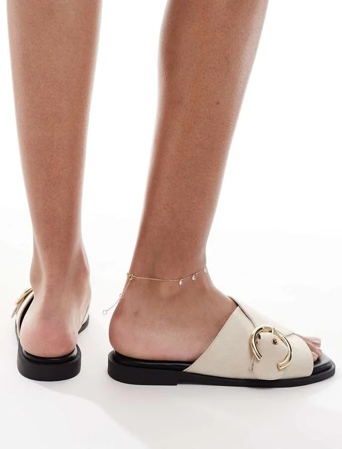 London Rebel cross buckle flat sandals in cream - Image 2
